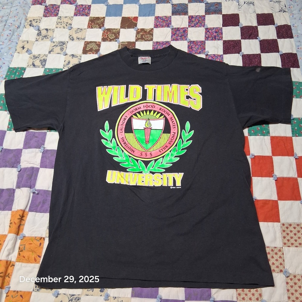 VTG Wild Times University Black Graphic T Shirt Size XL‎ Single Stitch Tee Jays
